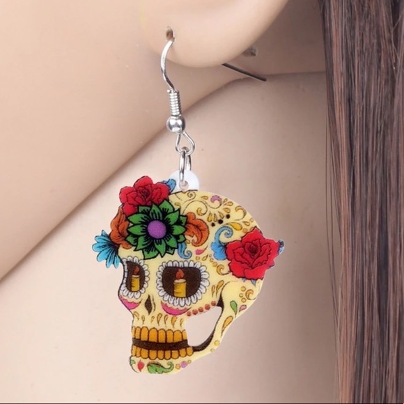 Floral Rose Skull Candle Eyes Acrylic Earrings - Picture 2 of 6